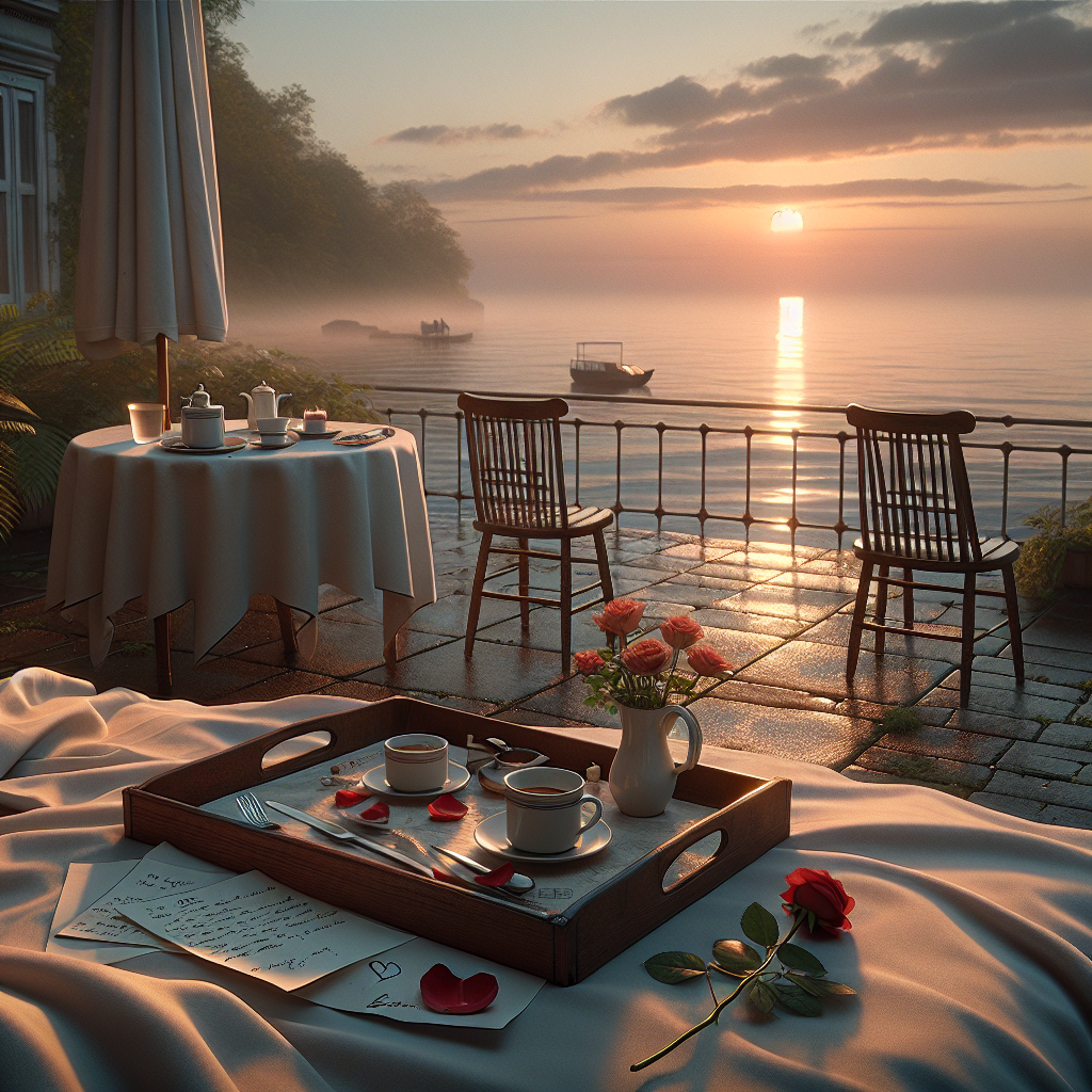 A serene morning scene with a breakfast tray for two on a bed, empty chairs facing the sunrise, and a red rose next to a handwritten poem.