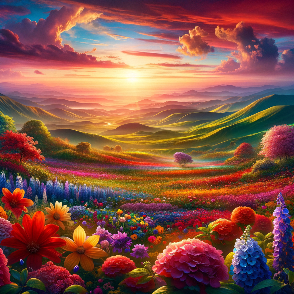 A dazzling good morning image, nature awakens with a vivid sunrise over a meadow of sapphire and ruby flowers.