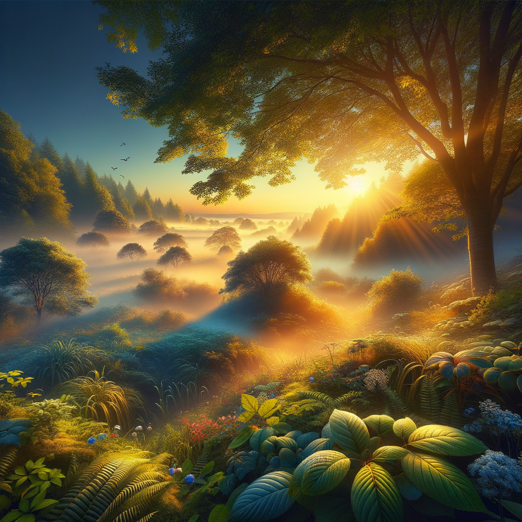 A serene good morning image of a lush landscape with dew on leaves and the soft glow of sunrise, devoid of any lifeforms.