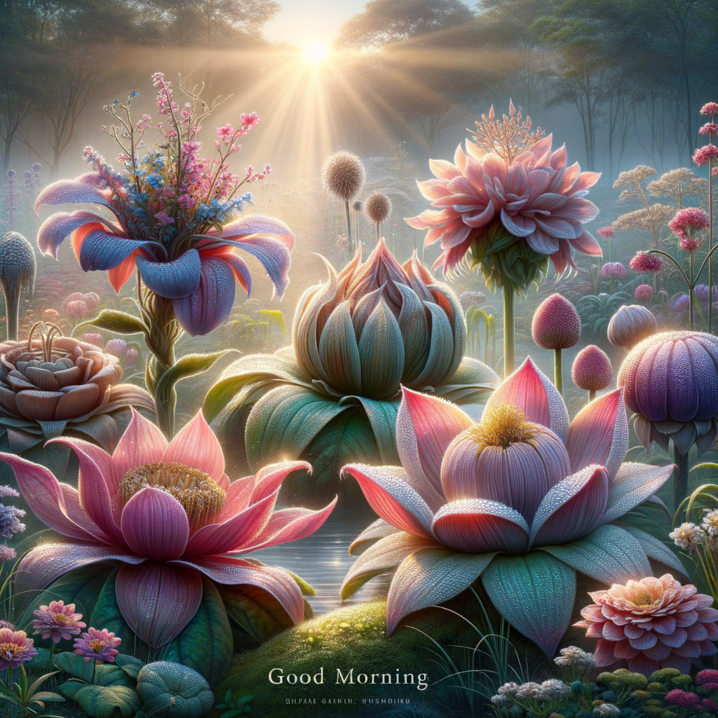 A peaceful good morning image showcasing a variety of exquisite flowers, highlighted by a gentle sunbeam.