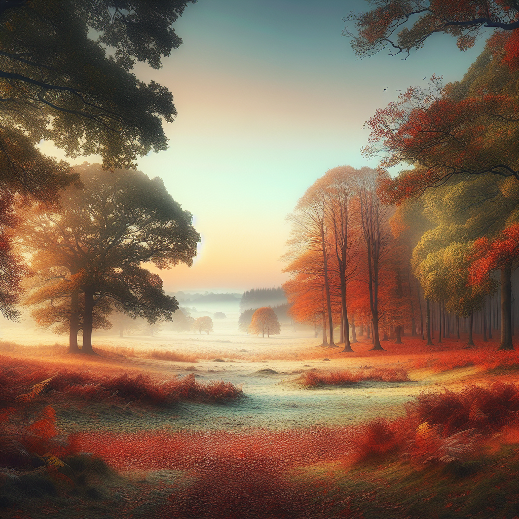 A serene good morning image capturing an empty autumn landscape, with trees and ground adorned in hues of orange, gold, and red under a pastel sunrise sky.