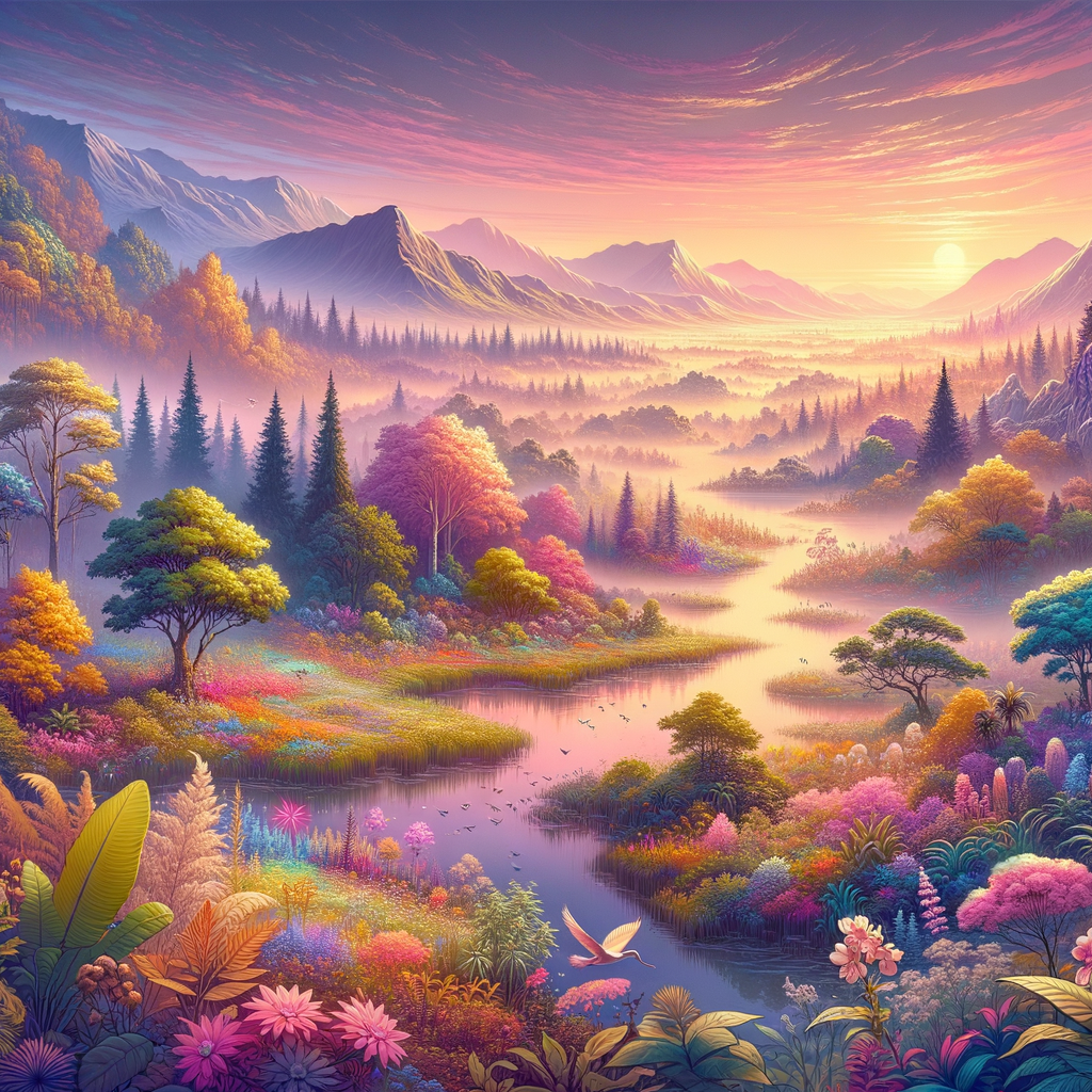 A tranquil good morning image depicting a harmonious blend of forests, mountains, rivers, and deserts bathed in dawn's soft light.