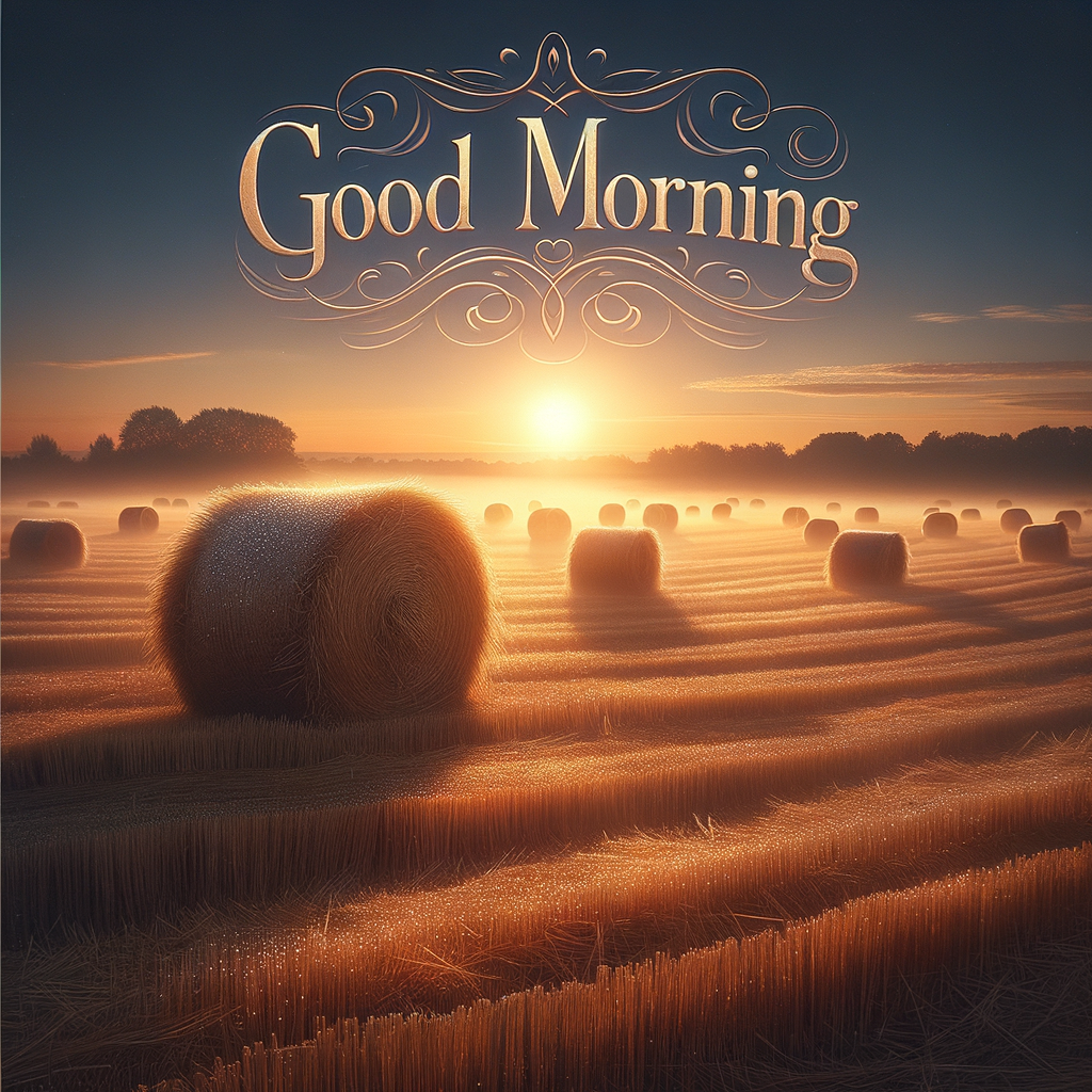 A tranquil good morning image of harvested fields bathed in the soft glow of sunrise with golden hay stacks and dewy strands.