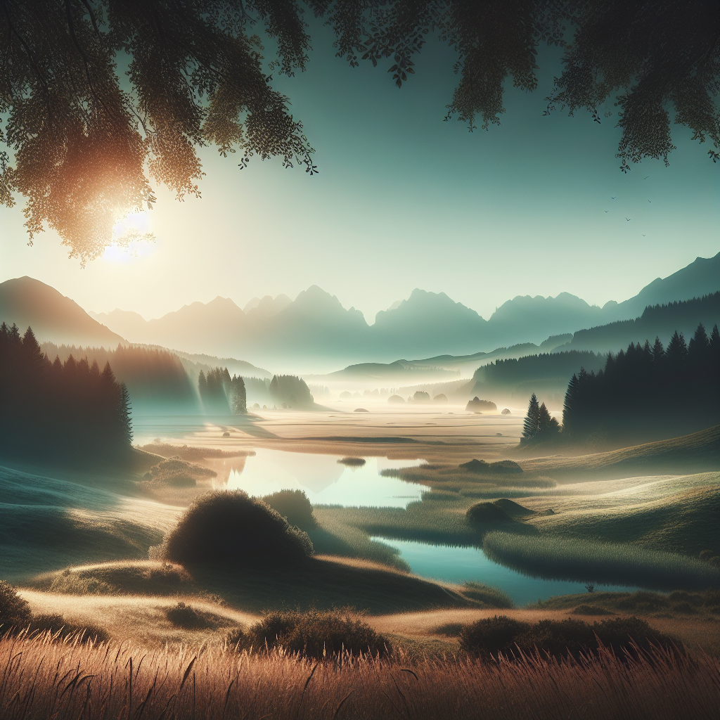 A tranquil morning landscape with soft dawn light brushing over a serene lake, surrounded by gentle mountains and a quiet meadow, embodying perfect calmness in a good morning image.