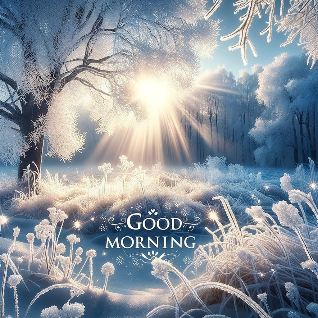 A serene good morning image of a frost-covered winter wonderland with the sun casting a warm glow.