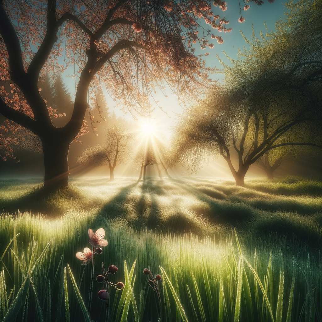 An early spring morning scene, with sun rays casting warmth over budding trees and shimmering dew on grass, good morning image.