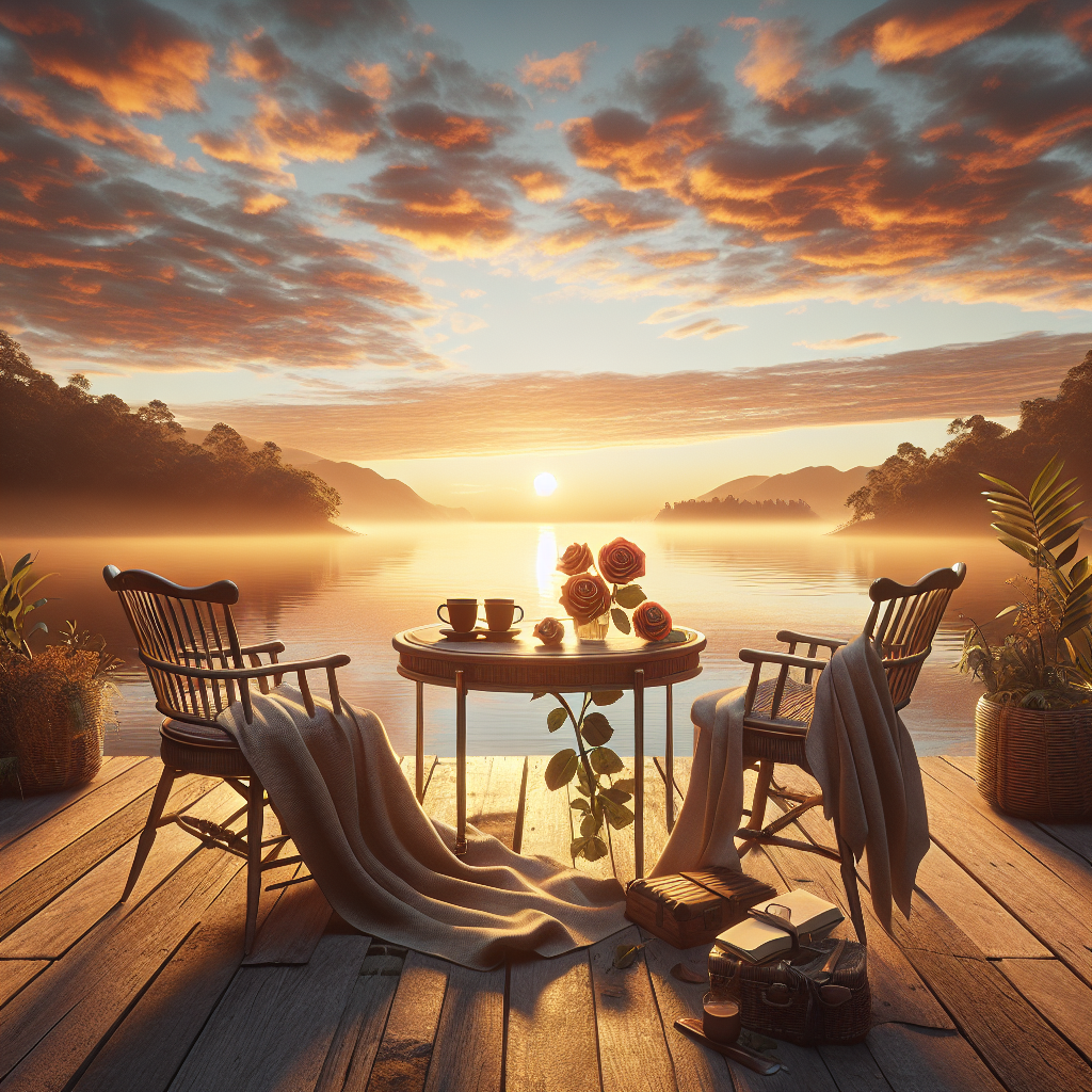 Good morning image showcasing a serene lake view at sunrise, with elements like empty chairs, coffee mugs, an open book, and a rose invoking cherished romantic memories.