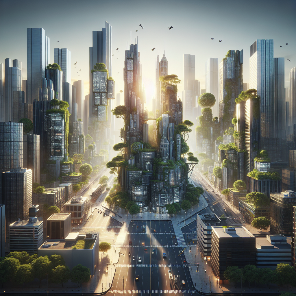 High-resolution good morning image showcasing a futuristic cityscape with green spaces, modern architecture, and public art.