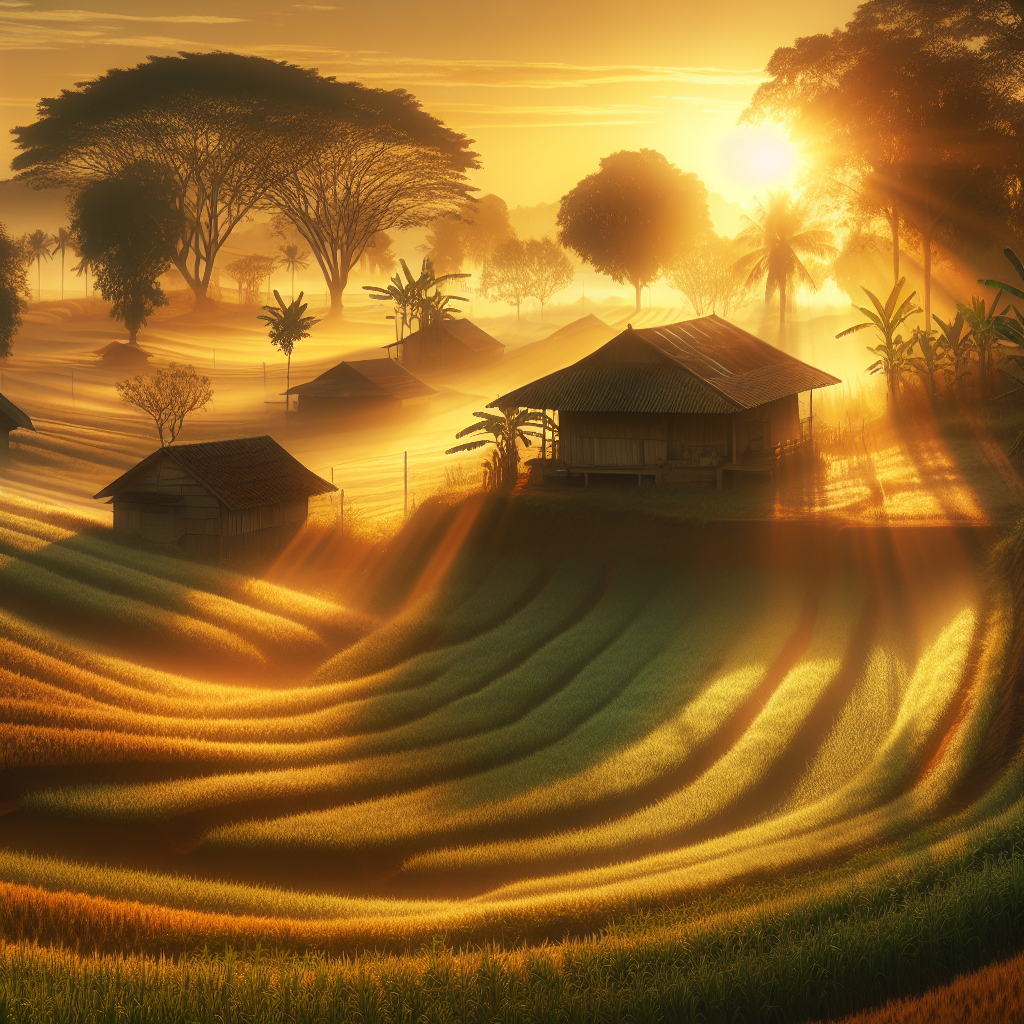 A peaceful morning farm scene under the gentle embrace of the sunrise, showcasing fertile lands waking to the day's warmth - a quintessential good morning image.