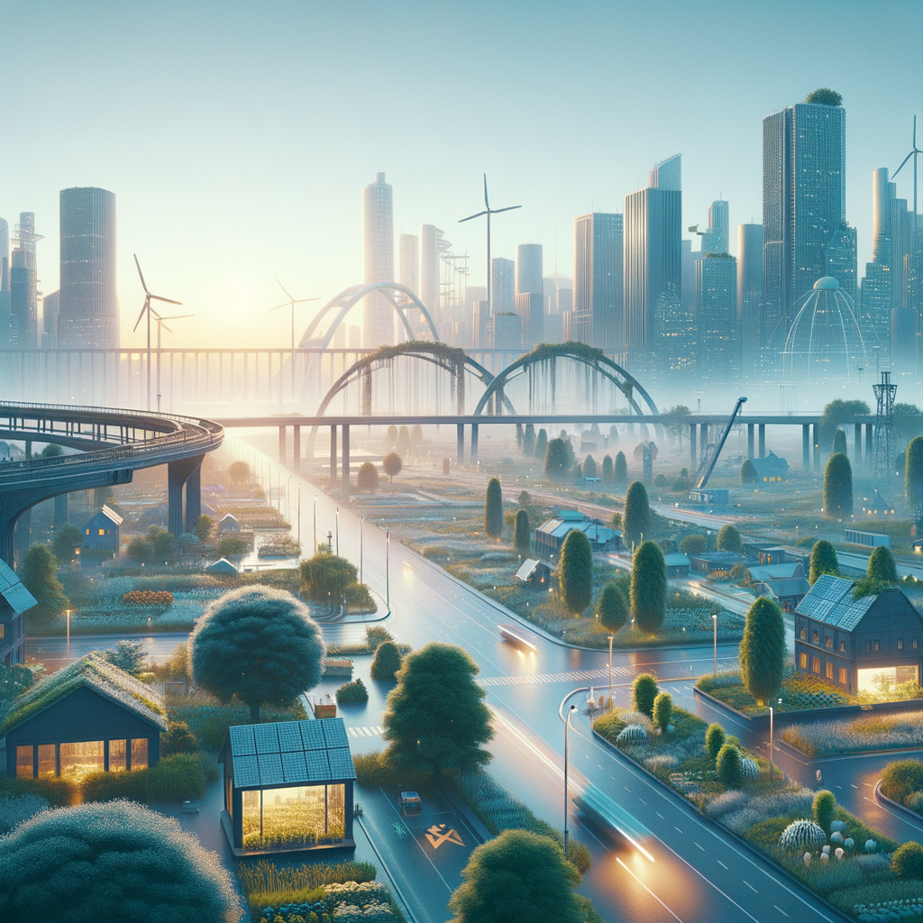 Good morning image of a futuristic cityscape at dawn with wind turbines, solar panels, and lush green spaces.