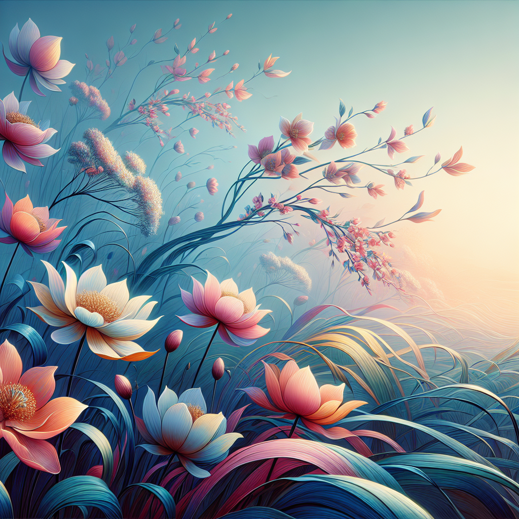 Serene good morning image of vibrant flowers gently swaying in a fresh morning breeze, symbolizing peace and elegance.