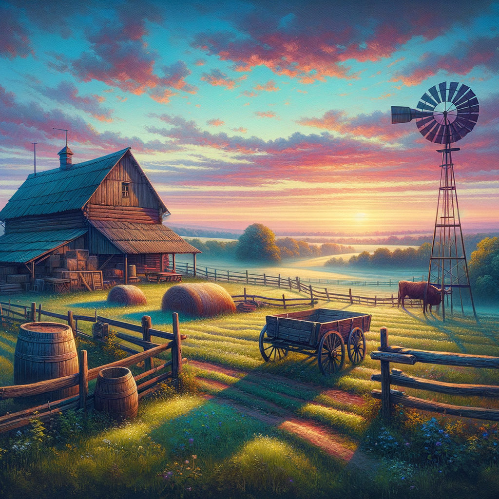 A tranquil countryside farm at dawn, with rolling hills, a quiet barn, windmill, and the first light of a good morning image.