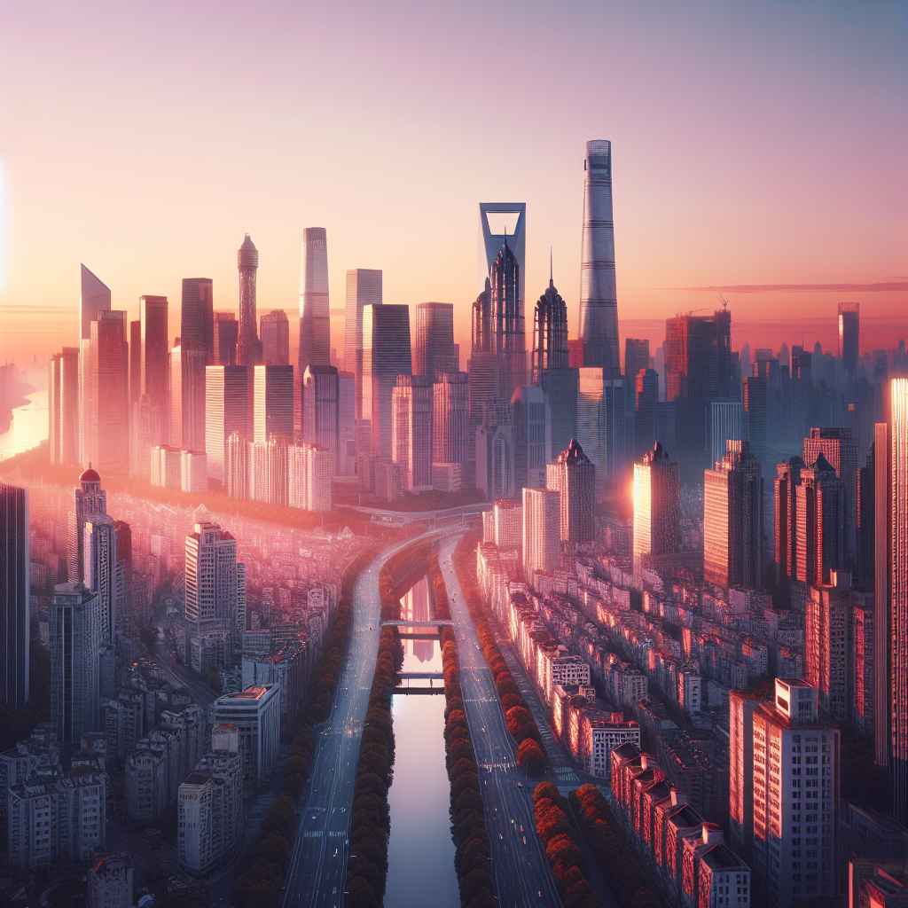 A serene morning city scene with the sun rising, casting warm shades of pink and orange across skyscrapers. A perfect good morning image.