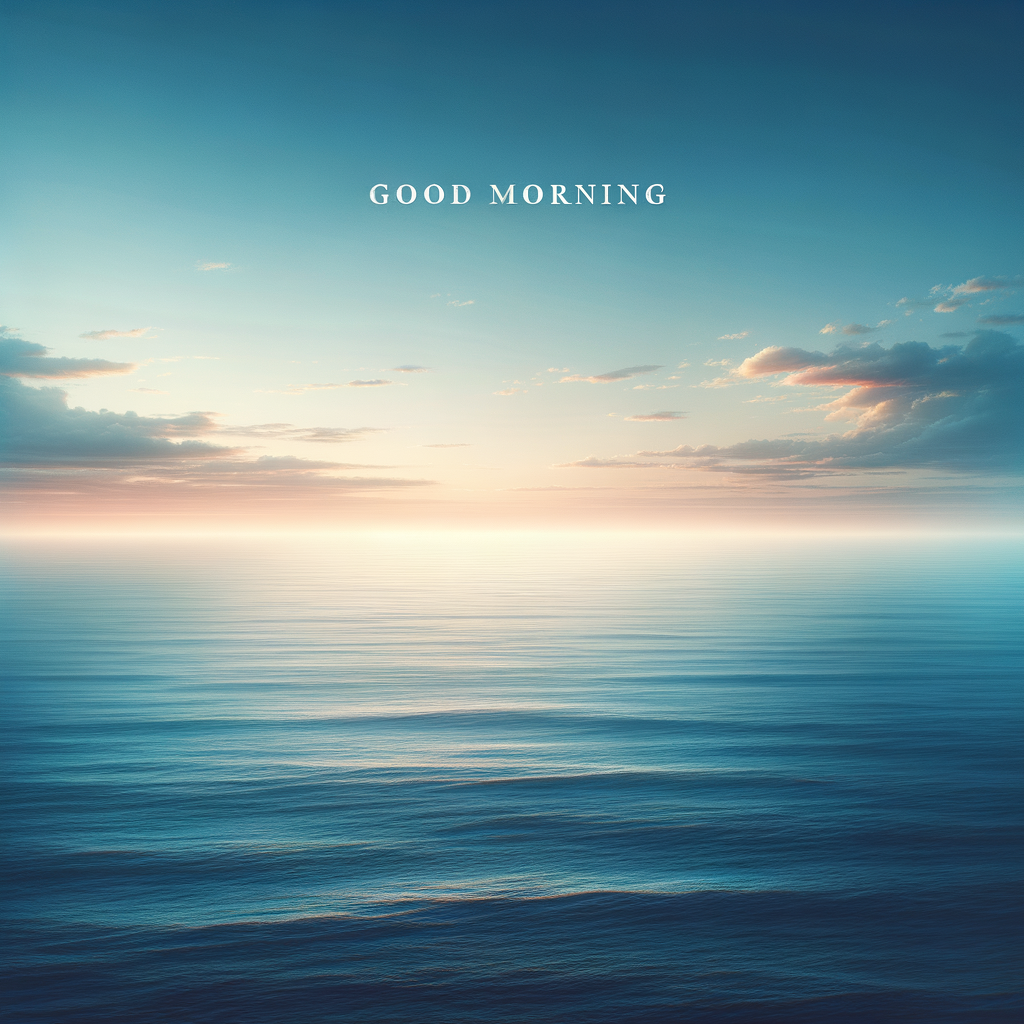 Tranquil early morning ocean panorama with hues of sunrise adding serene charm, featuring a 'Good Morning' message.