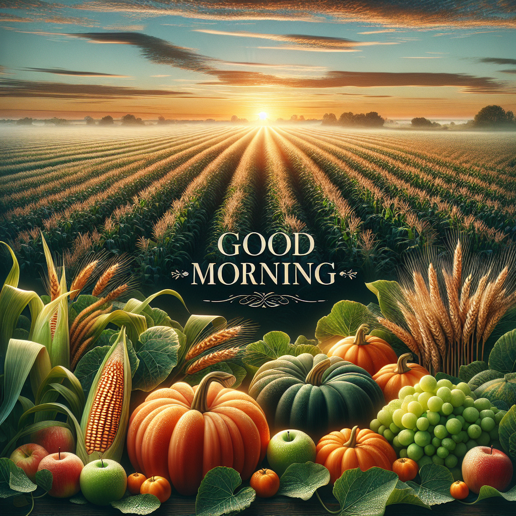 Elegant morning scene on a farm with crops, dewdrops, and a sunrise embellished with 'Good Morning'