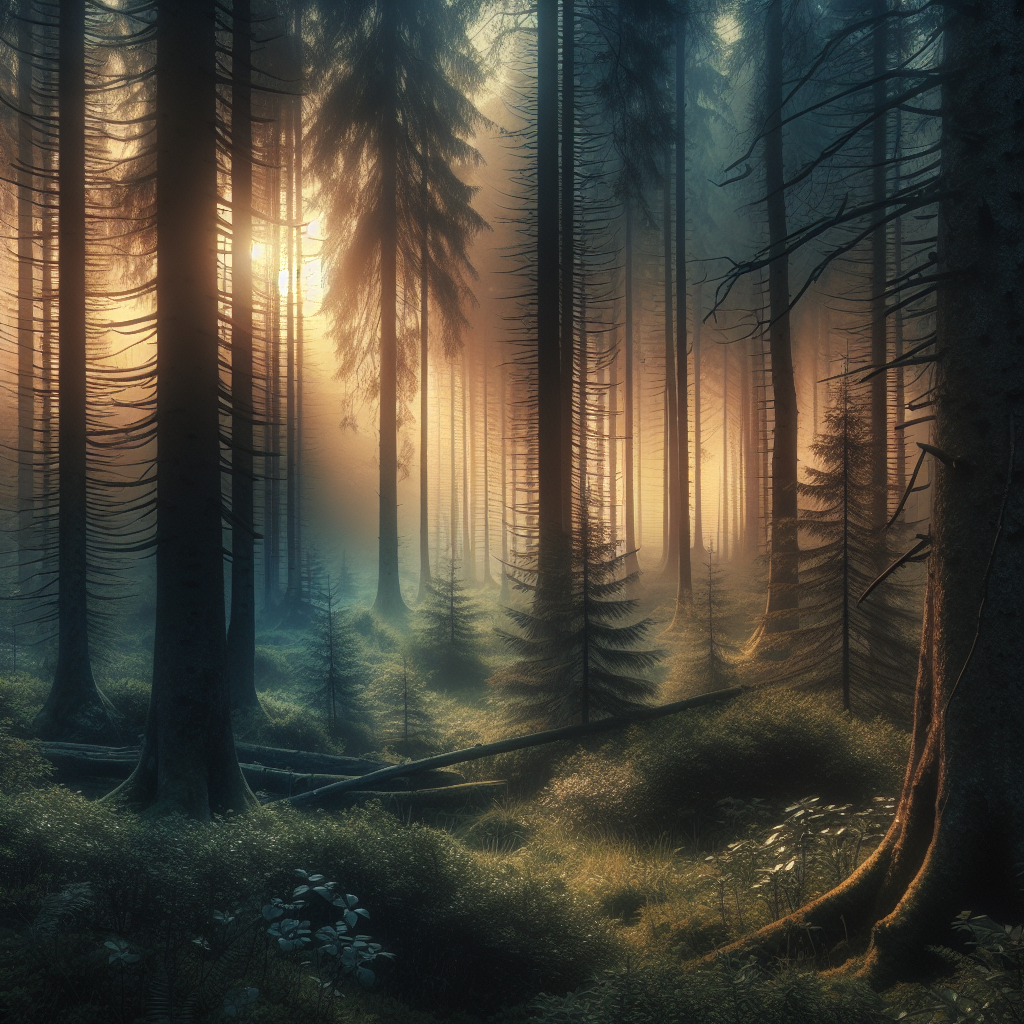 Mystical forest at dawn with trees whispering amongst themselves, depicting a serene good morning image.