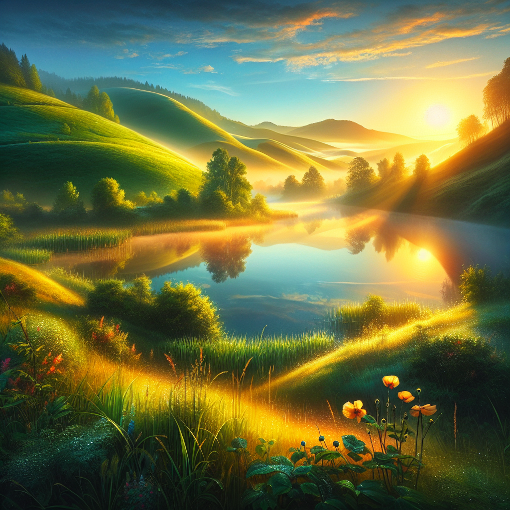 A good morning image depicting a serene summer morning with green hills, a calm lake, and blooming flowers.