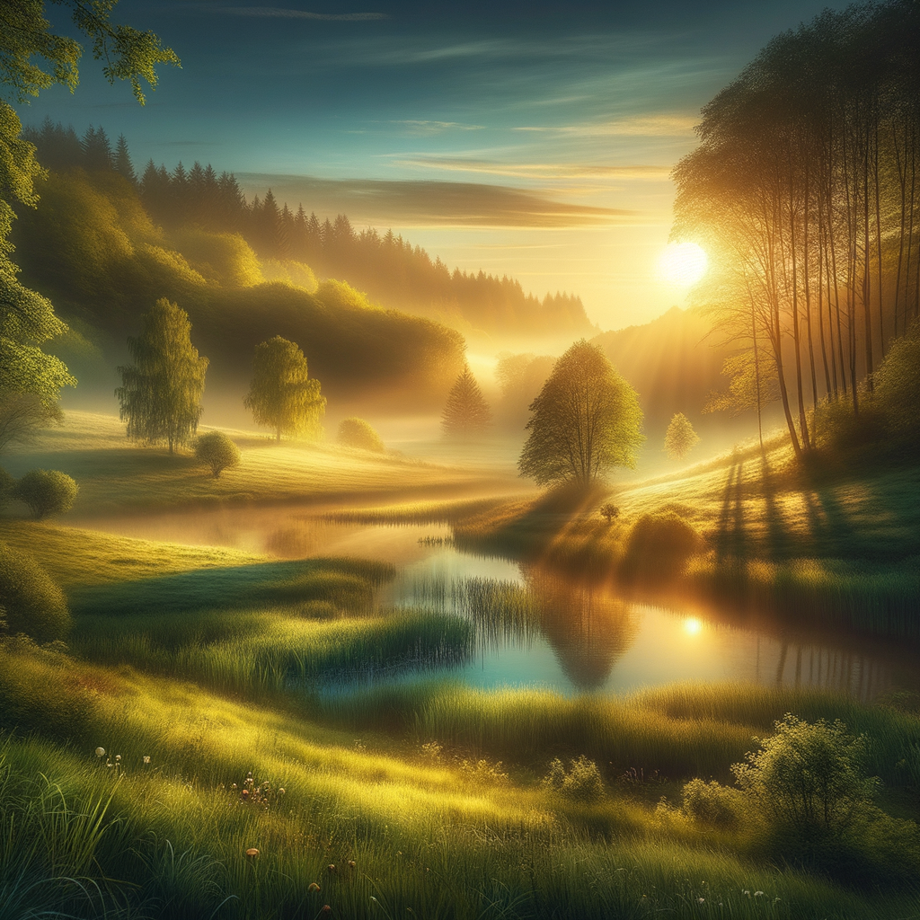 A tranquil good morning image of a serene lake and soft sun rays enveloping the peaceful landscape.