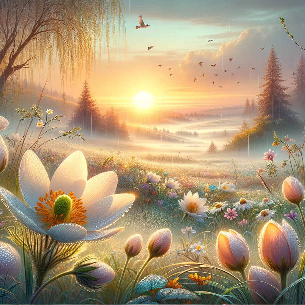 Good morning image of a sunlit spring landscape with blooming flowers and a gentle breeze, evoking tranquility.