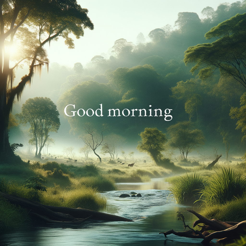 Serene countryside during a peaceful morning with sunlight gracing lush fields, a gentle stream, and 'Good Morning' subtly inscribed.