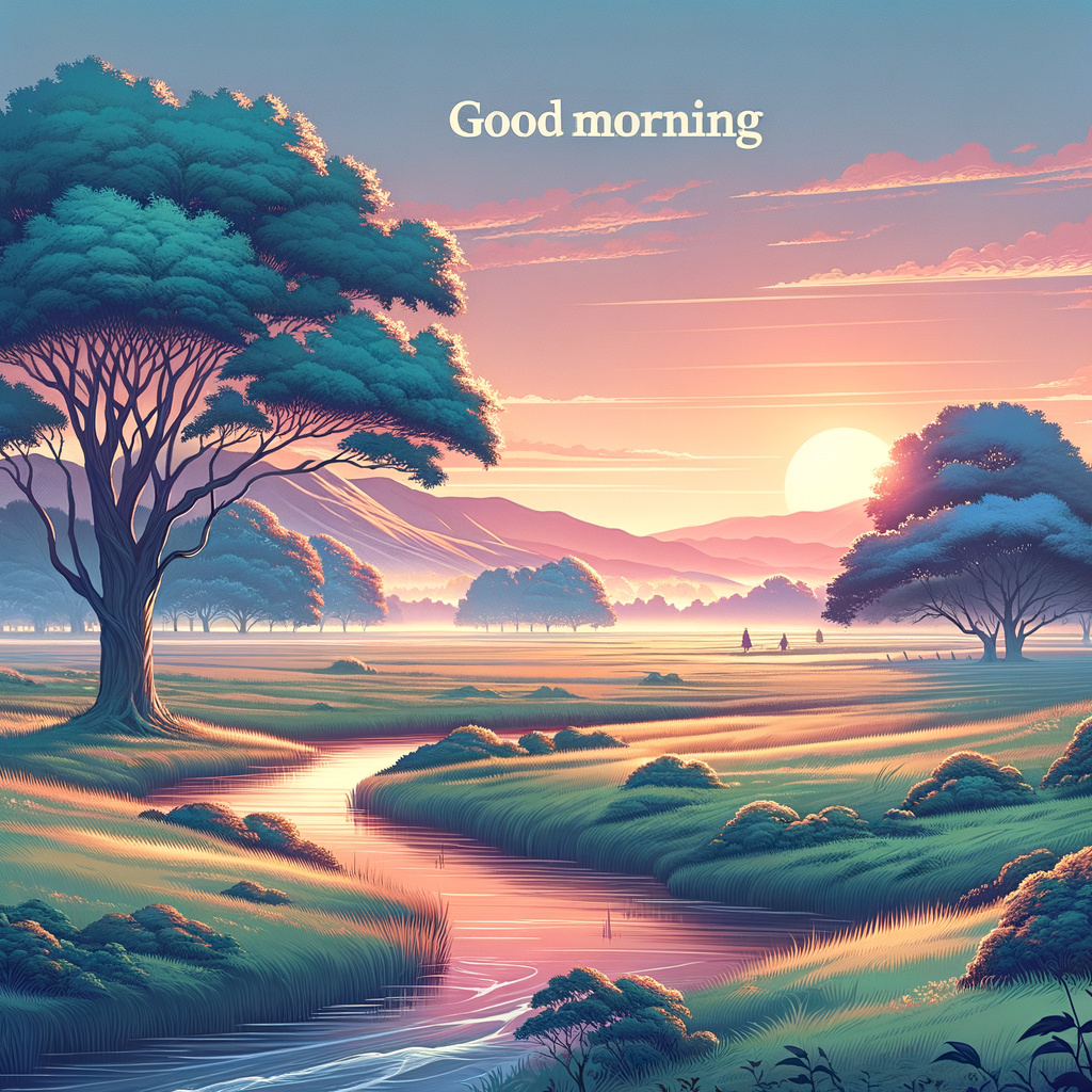 Serene dawn landscape with soft pastel hues, gentle river, and text 'Good Morning' for a peaceful start to the day.