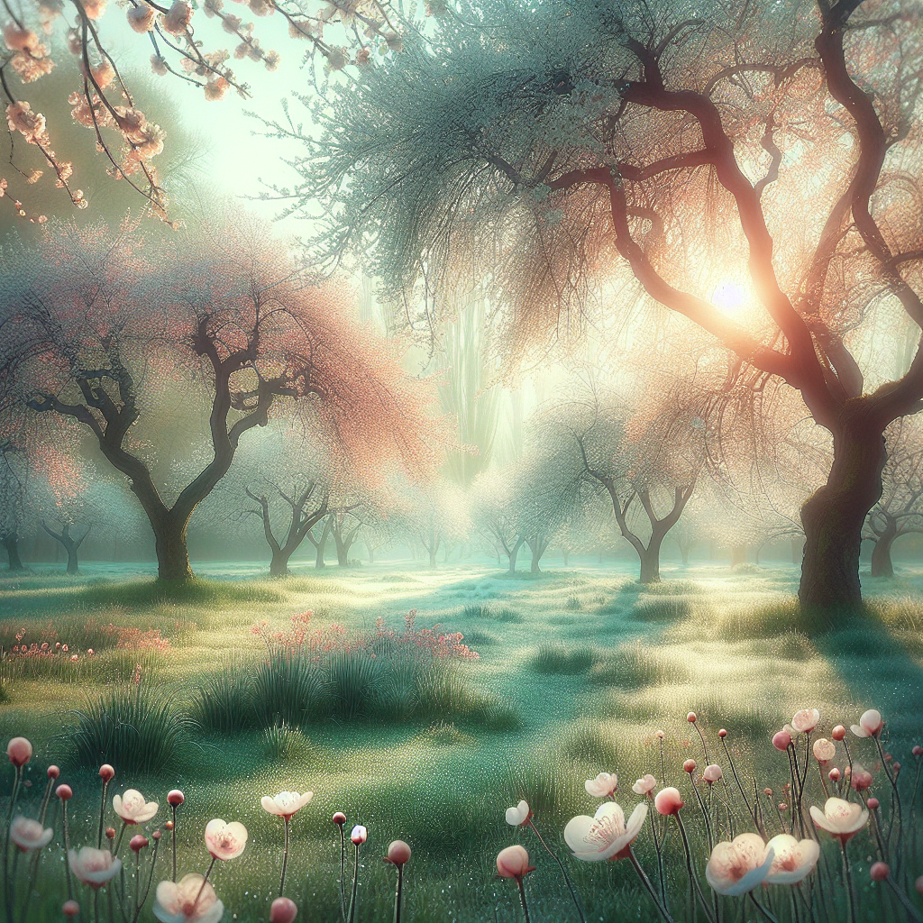 A photorealistic good morning image featuring a serene Spring morning scene with budding trees, dew-covered grass, and light pink and white blossoms.