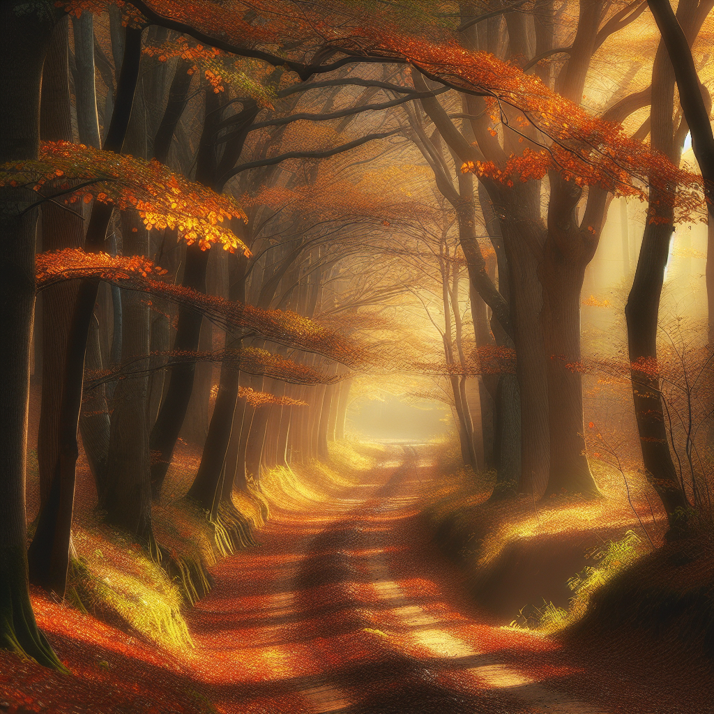 Good morning image of a serene autumn walk, showcasing a forest filled with elegantly decaying leaves and a tranquil lane.