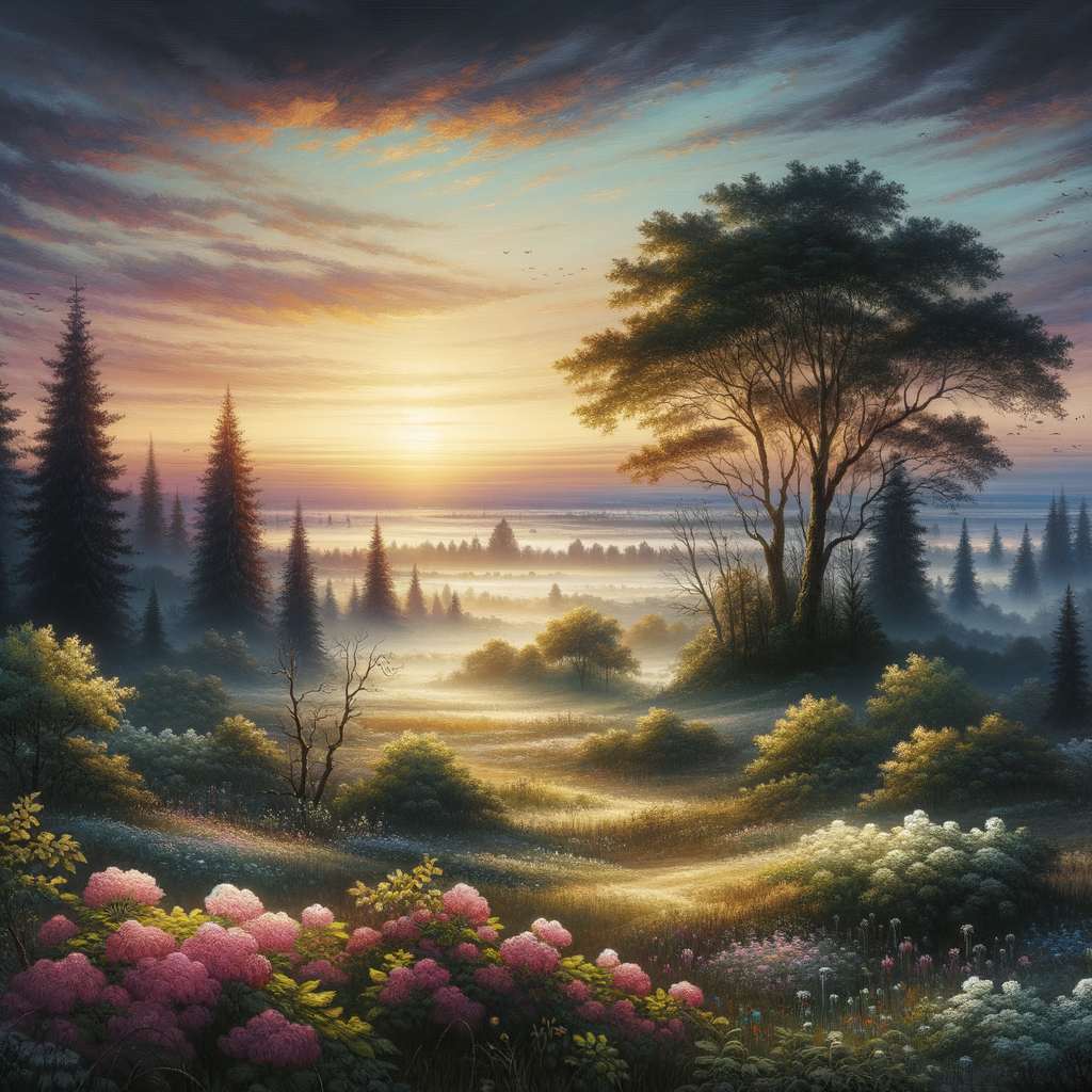 Serene dawn in a nature landscape, with trees, soft pastels in the sky, and morning light spreading tranquility, good morning image.