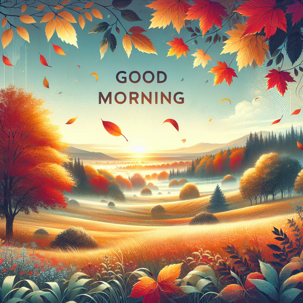 A serene early autumn morning, with leaves in shades of orange, red, and gold, a clear sky, and a gentle mist over the landscape. Good morning image.