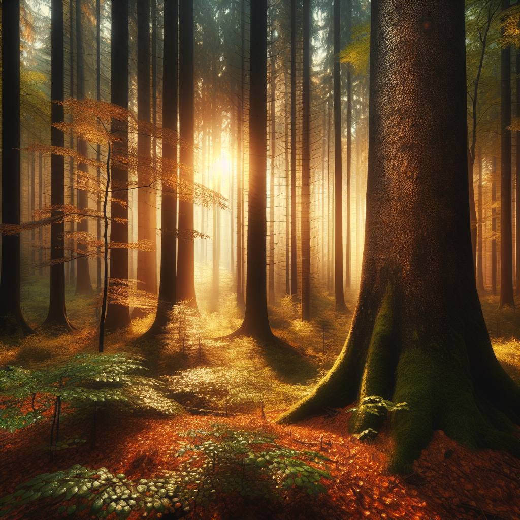 Serene forest at dawn with sun rays piercing through the mist, capturing the essence of a tranquil good morning image.