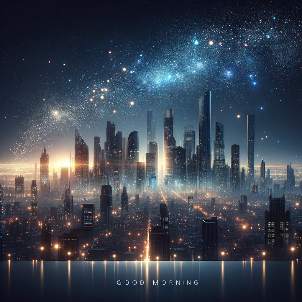 Stunning good morning image of a city at night transitioning to dawn, with sparkling lights and towering silhouettes.