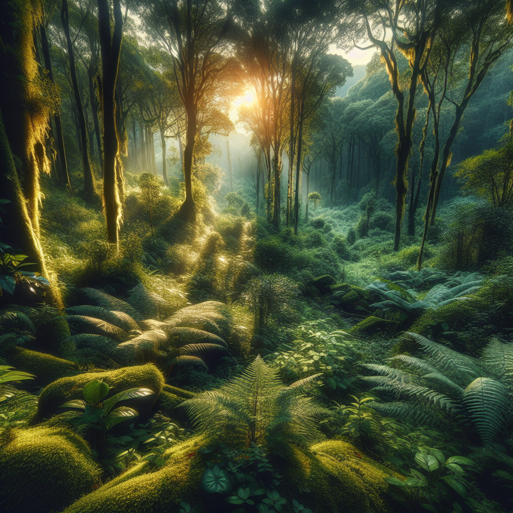 An early morning in a vibrant forest with sunlight streaming through the leaves, depicting a perfect good morning image.