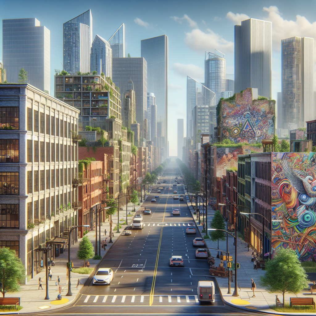 Hyper-realistic bustling city center during a bright and fresh morning with modern and quaint architecture, vibrant murals, and green spaces, invoking a good morning vibe.