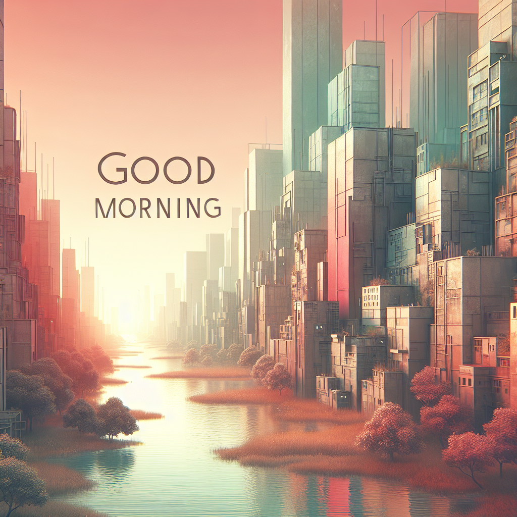 Tranquil cityscape at dawn with sunlight painting buildings in warm hues, embodying a serene good morning image