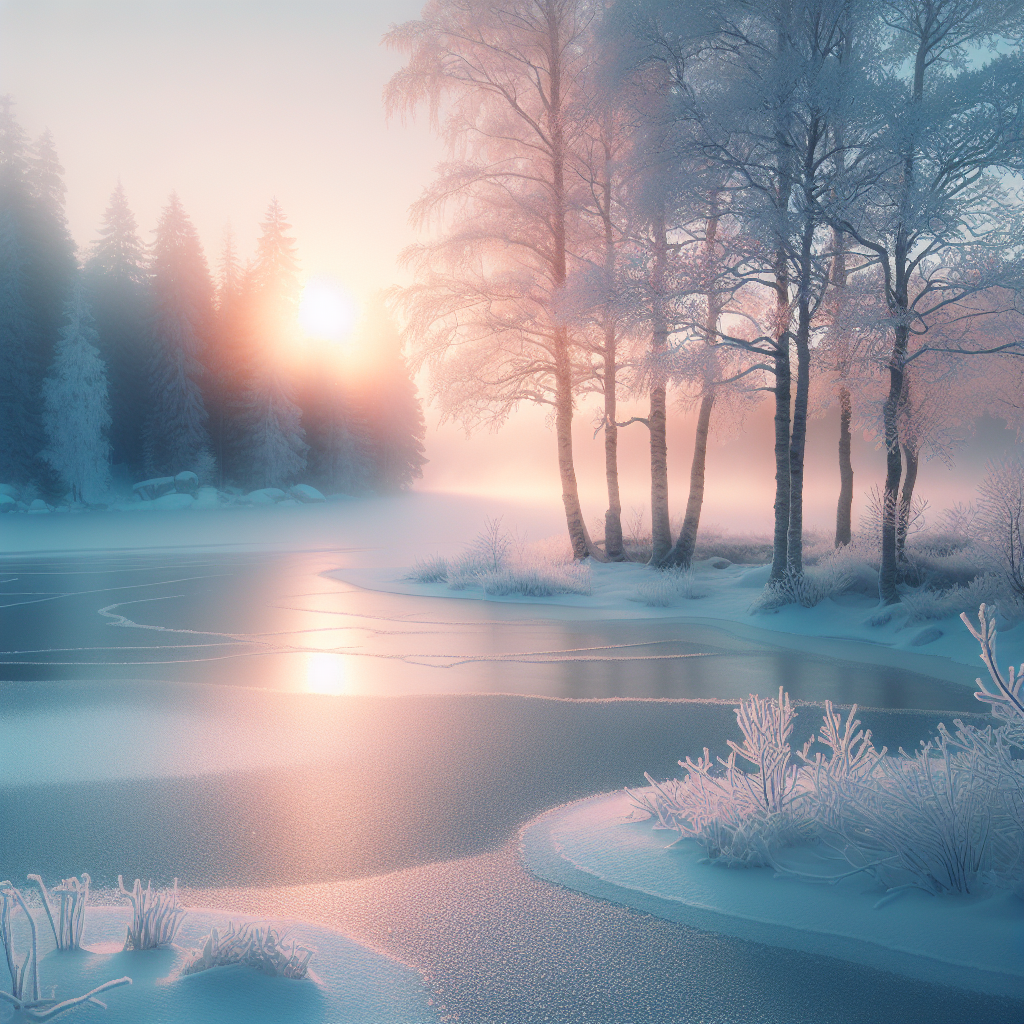 Serene winter morning with a frozen lake and snow-covered trees, reflected in soft pastel light for a beautiful good morning image.