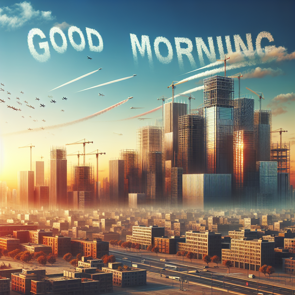 Dynamic urban morning landscape showing a blend of old and new architectural marvels with 'Good morning' spelled out in the sky