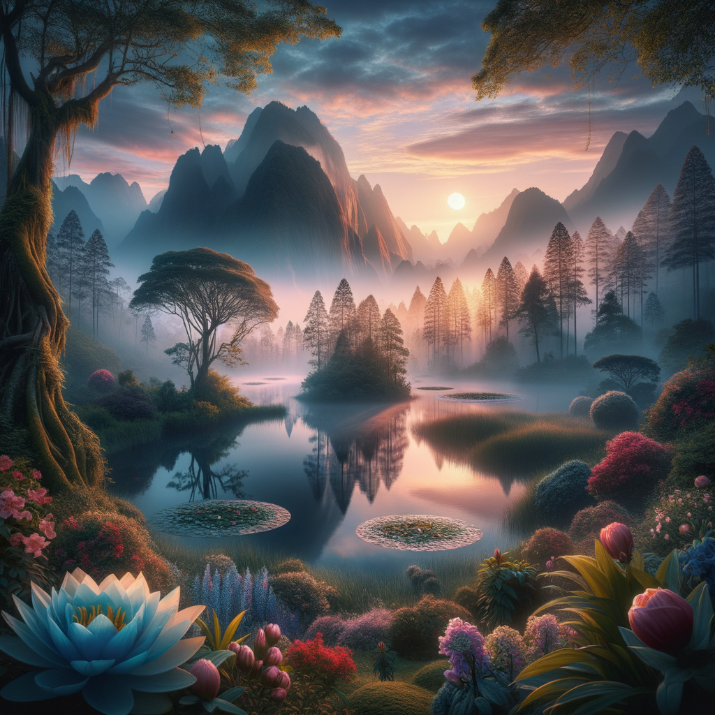 A captivating good morning image of a mystical landscape with a pristine lake, enchanting sunrise, and ancient trees.