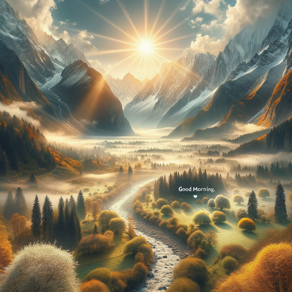 Stunning good morning image of a serene, snowy mountain landscape with golden sunlight and a clear river.