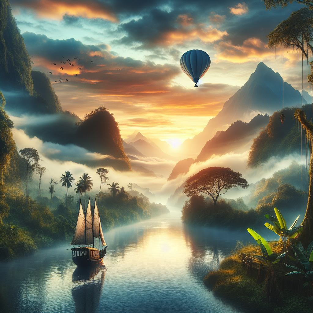 Serenity unfolds with a misty mountain backdrop, a still river, a lone boat, and a hot air balloon in the vibrant morning sky, encapsulating an enticing good morning image.