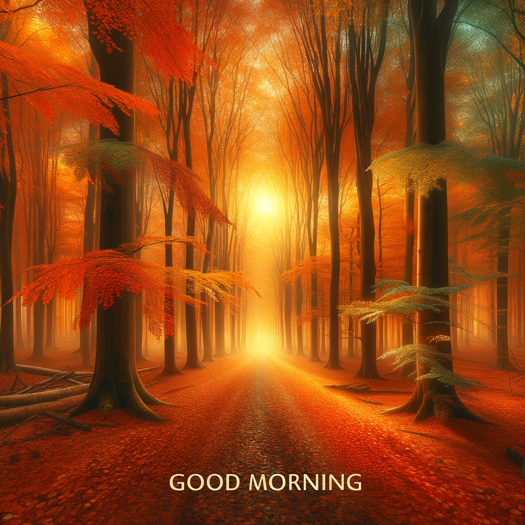 A peaceful morning image of an autumn forest with vibrant fall colors, serene and calming, good morning image