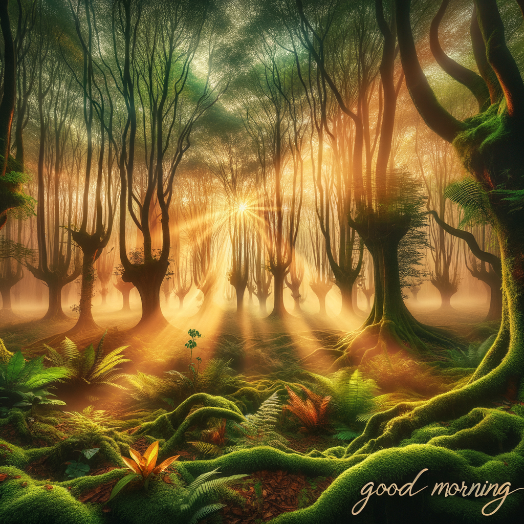 Enchanting forest at dawn with golden sunlight piercing through mist, evoking a magical good morning image.