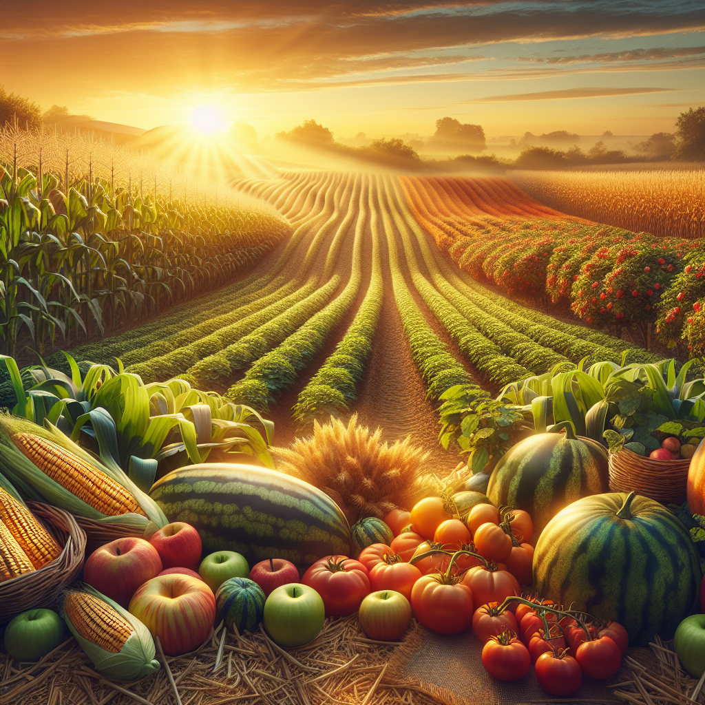 A good morning image showcasing a bountiful farm at sunrise with golden sunlight illuminating lush crops and orchards.