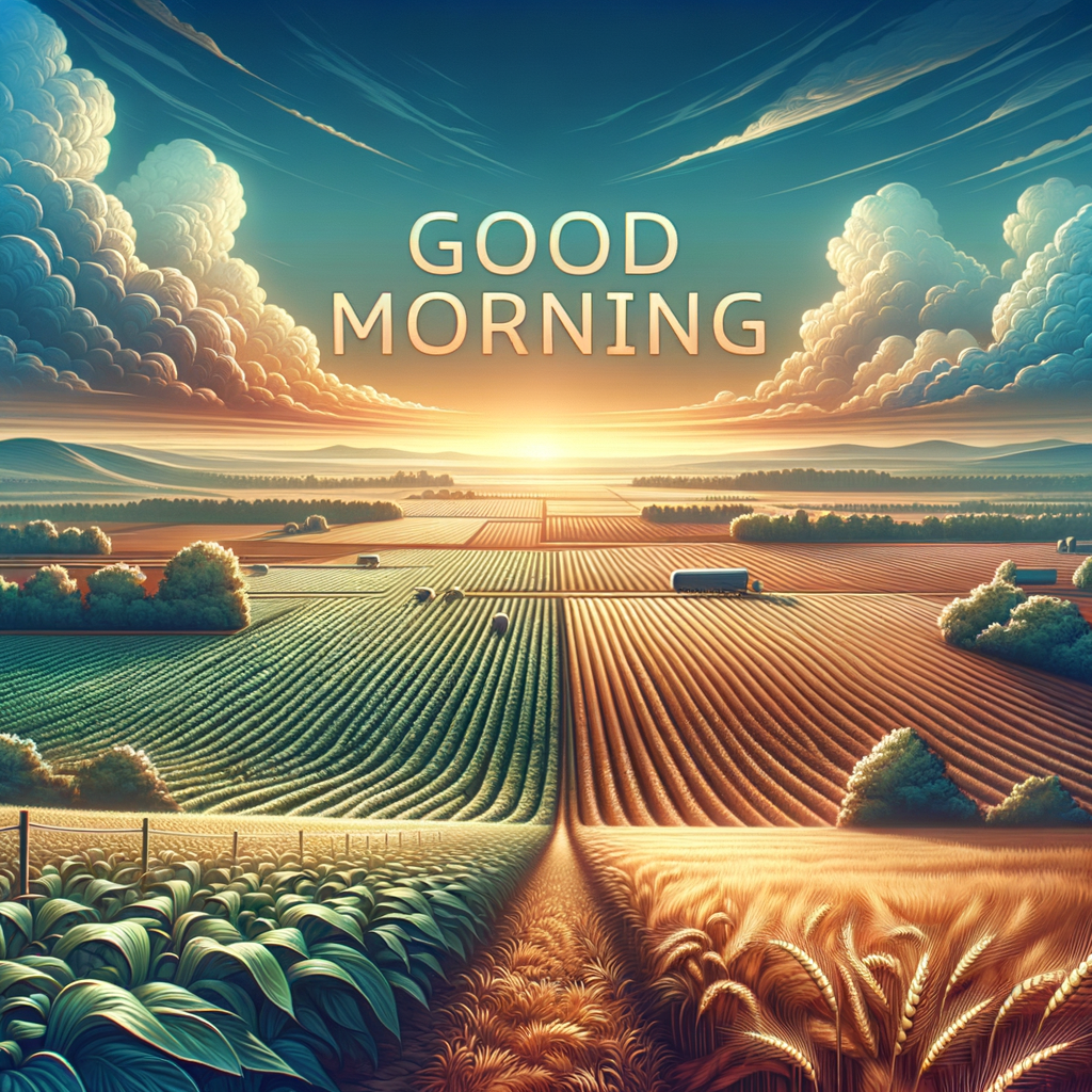 Serene sunrise over fertile farmlands, with rich soil ready for a bounteous season, featuring the warm greeting 'Good Morning'.