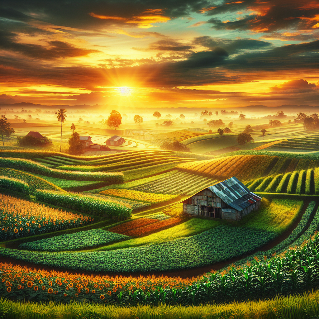 Breathtaking good morning image of flourishing farms, green fields illuminated by sunrise, showcasing an abundance of crops without any people.