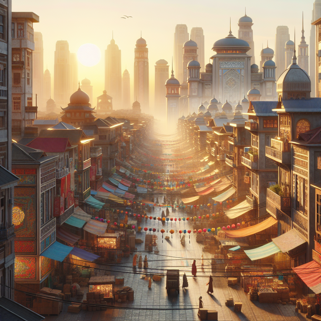 A photorealistic image of an animated morning scene in a multicultural urban center, with no people, featuring warm hues of sunrise and cultural elements