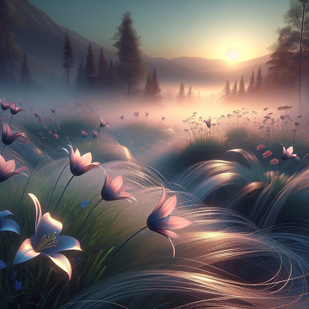 A serene good morning image featuring graceful flowers swaying in the gentle morning breeze, symbolizing a peaceful start.