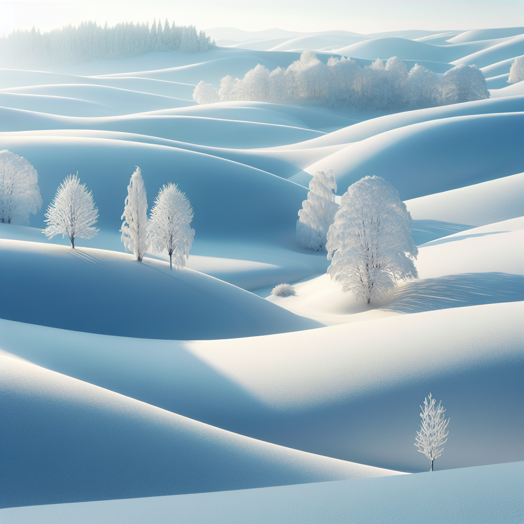 Pristine winter landscape with untouched snow covering hills and trees, reflecting pale morning light - good morning image