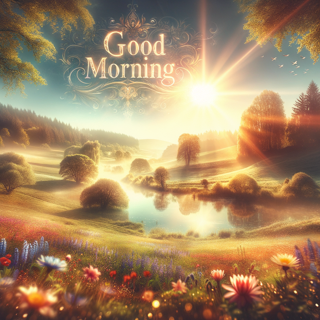 Serene morning scene under a radiant blue sky with warm, golden sunlight enhancing the verdant landscape and blooming flowers, good morning image.