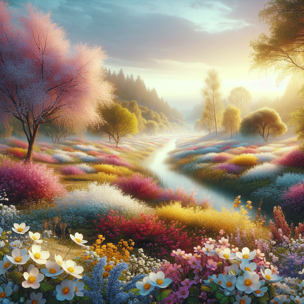 A serene and peaceful morning landscape, filled with the vibrant colors of springtime flowers in full bloom, capturing the essence of a calm and beautiful good morning.