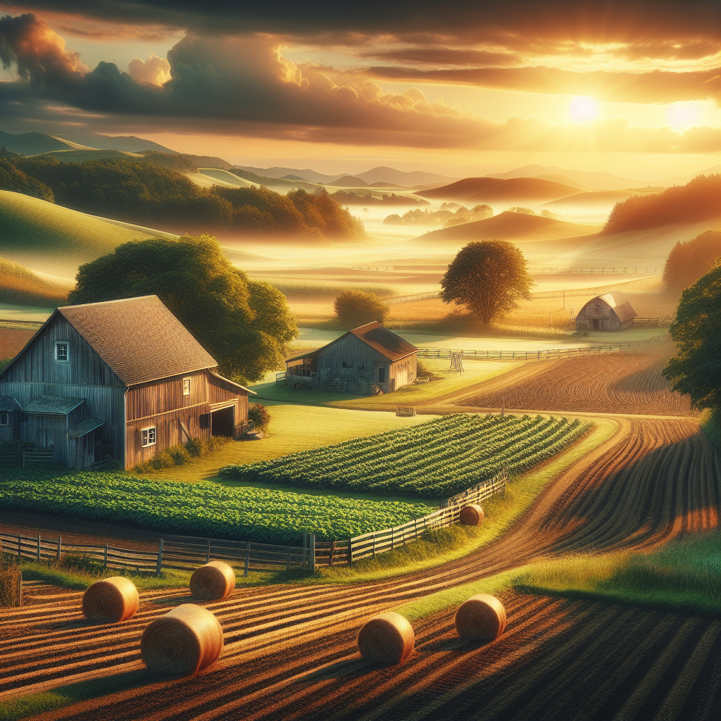 A good morning image depicting a serene countryside farm scene with golden morning light, featuring plowed fields, hay bales, a quaint farmhouse, and a barn.